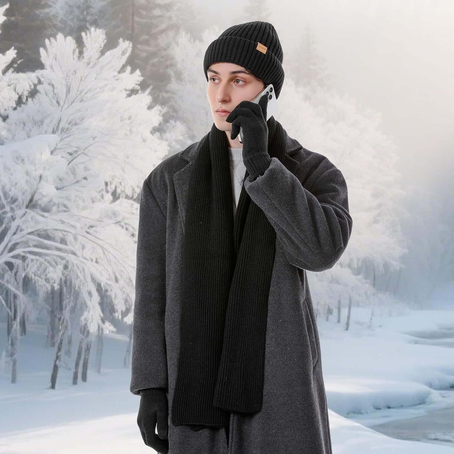 Winter Beanie Hats for Men Long Neck Scarf and Touchscreen Gloves Set with Fleece Lined Skull Caps Gifts for Men