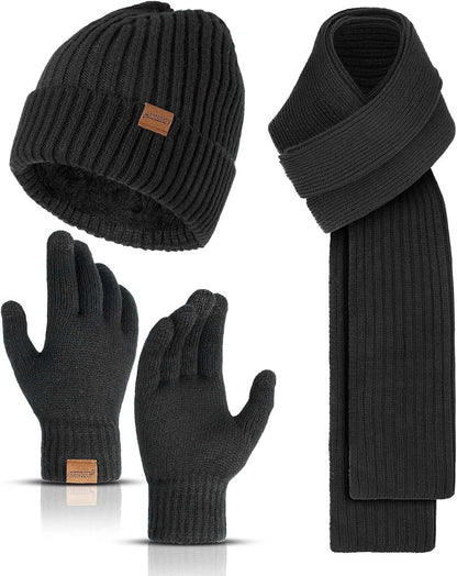 Winter Beanie Hats for Men Long Neck Scarf and Touchscreen Gloves Set with Fleece Lined Skull Caps Gifts for Men