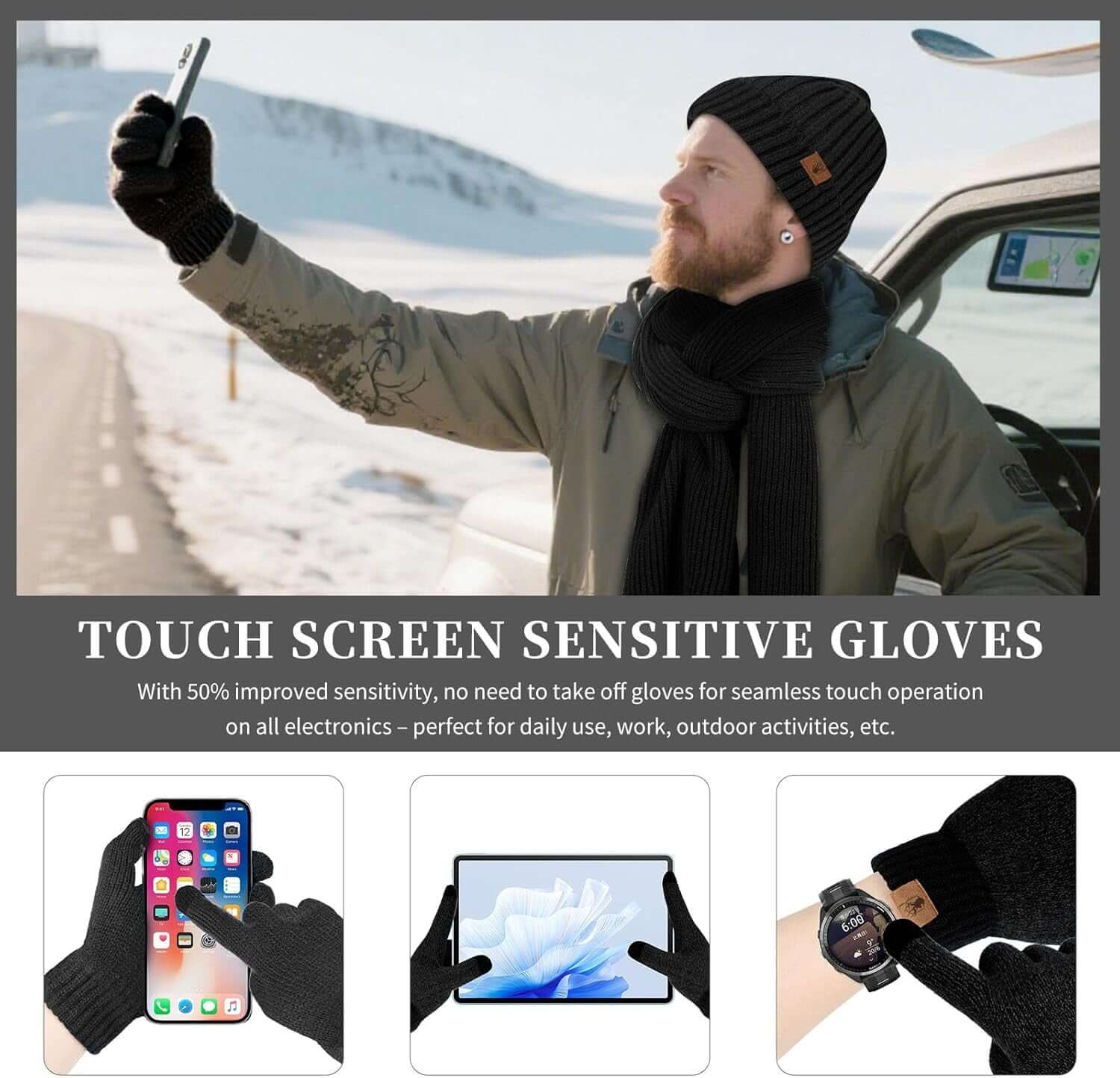 Winter Beanie Hats for Men Long Neck Scarf and Touchscreen Gloves Set with Fleece Lined Skull Caps Gifts for Men