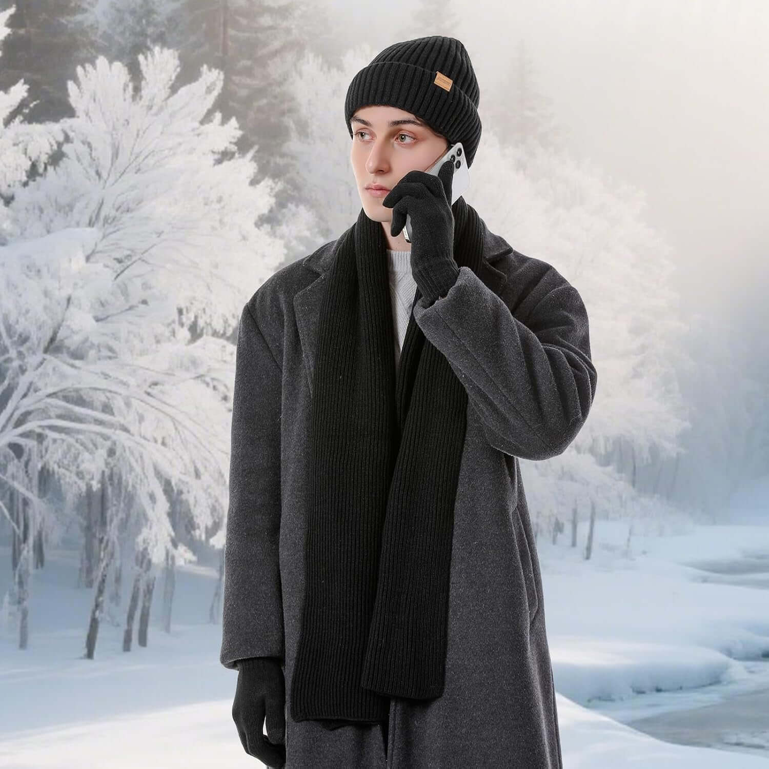 Winter Beanie Hats for Men Long Neck Scarf and Touchscreen Gloves Set with Fleece Lined Skull Caps Gifts for Men