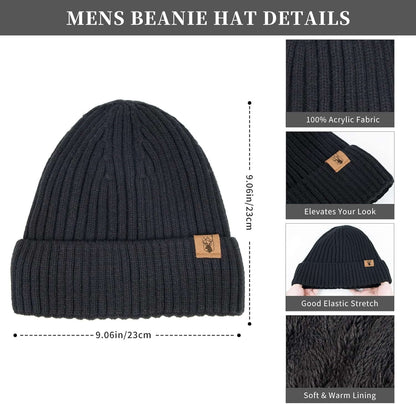 Winter Beanie Hats for Men Long Neck Scarf and Touchscreen Gloves Set with Fleece Lined Skull Caps Gifts for Men