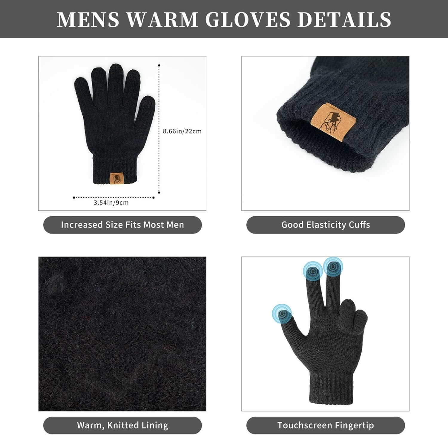 Winter Beanie Hats for Men Long Neck Scarf and Touchscreen Gloves Set with Fleece Lined Skull Caps Gifts for Men